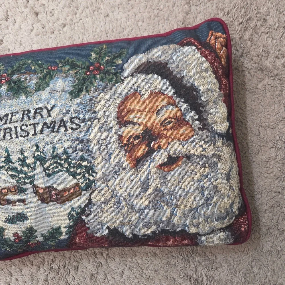 Merry Christmas Santa Claus Tapestry Throw Pillow Burgundy 16x11 Holiday‎ Decor